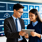 **Prompt:** A diverse group of students, male and female, fully clothed in modest, appropriate school attire, collaborating in a bright, modern learning hub. They are interacting with digital technology, including a tablet and a large interactive screen displaying educational content. In the background, a subtle, abstract representation of secure data flow and network security, emphasizing data protection. A professional, female teacher in professional dress is guiding them with a natural pose, promoting inclusive learning and digital literacy. Professional photography, high resolution, perfect anatomy, correct proportions, well-formed hands, proper finger count, natural body proportions, safe for work, appropriate content, family-friendly.
