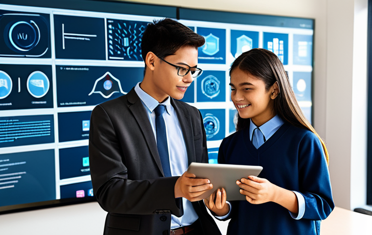**Prompt:** A diverse group of students, male and female, fully clothed in modest, appropriate school attire, collaborating in a bright, modern learning hub. They are interacting with digital technology, including a tablet and a large interactive screen displaying educational content. In the background, a subtle, abstract representation of secure data flow and network security, emphasizing data protection. A professional, female teacher in professional dress is guiding them with a natural pose, promoting inclusive learning and digital literacy. Professional photography, high resolution, perfect anatomy, correct proportions, well-formed hands, proper finger count, natural body proportions, safe for work, appropriate content, family-friendly.