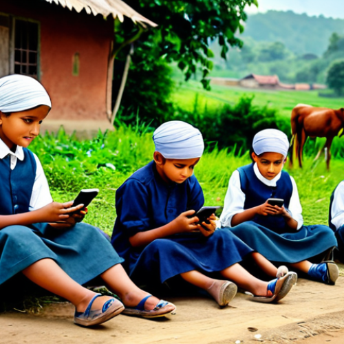 Home 7 **
"Village children learning with smartphones, sitting in a rural setting, fully clothed in modest attire, safe for work, appropriate content, family-friendly, perfect anatomy, natural proportions, educational setting, high-quality image"
**