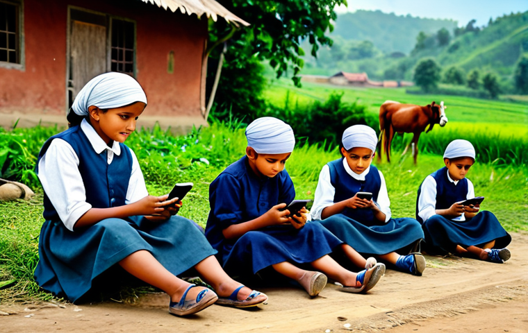 **
"Village children learning with smartphones, sitting in a rural setting, fully clothed in modest attire, safe for work, appropriate content, family-friendly, perfect anatomy, natural proportions, educational setting, high-quality image"
**