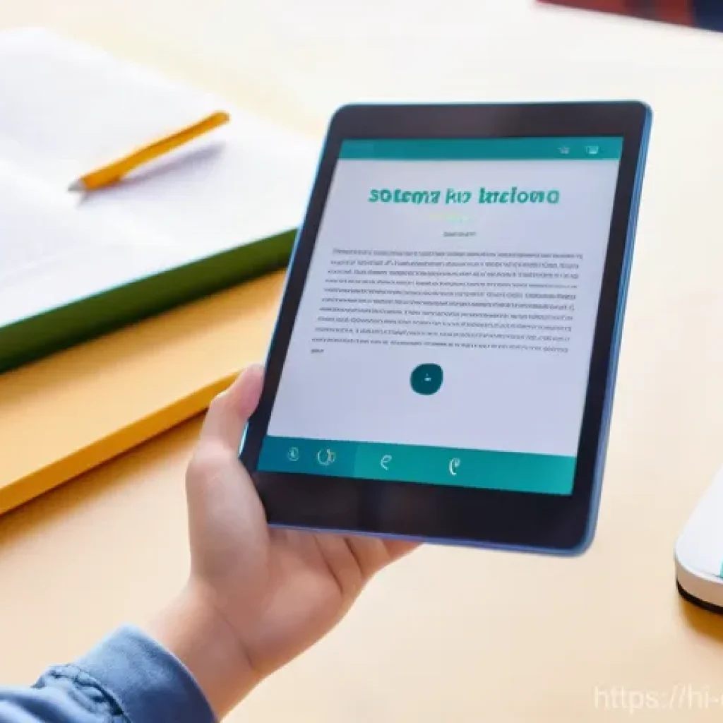 디지털 학습의 교재 개발 - **Prompt:** A vibrant and clean digital textbook interface displayed on a modern tablet, held by a c...