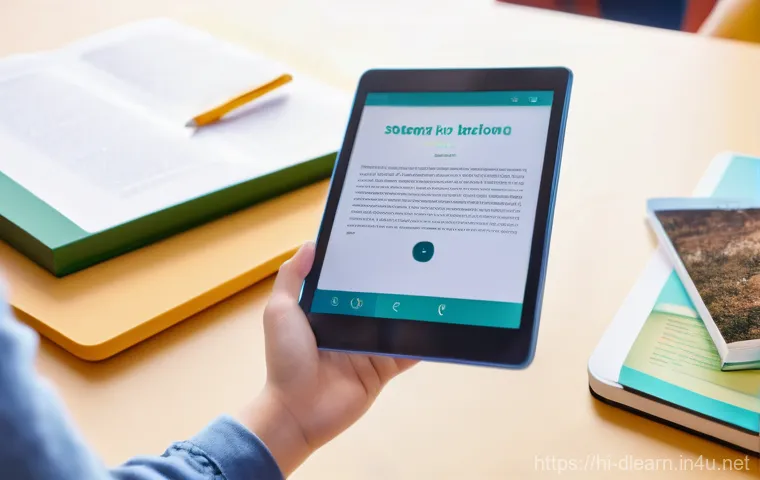 디지털 학습의 교재 개발 - **Prompt:** A vibrant and clean digital textbook interface displayed on a modern tablet, held by a c...