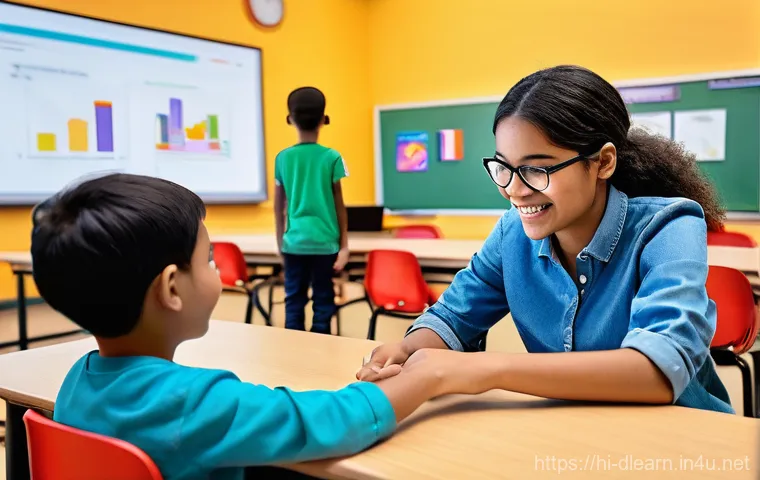 AI 기반 맞춤형 학습 - **AI Tutor's Gentle Guidance:** A heartwarming image depicting a young student, around 10-12 years o...