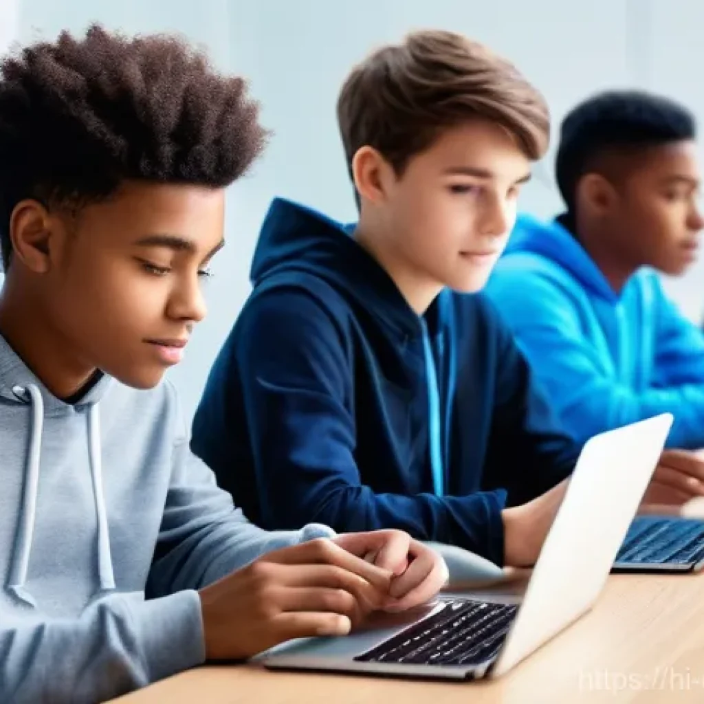 디지털 학습에서의 프라이버시 - **Prompt:** A modern, brightly lit digital classroom setting. A diverse group of teenage students (a...