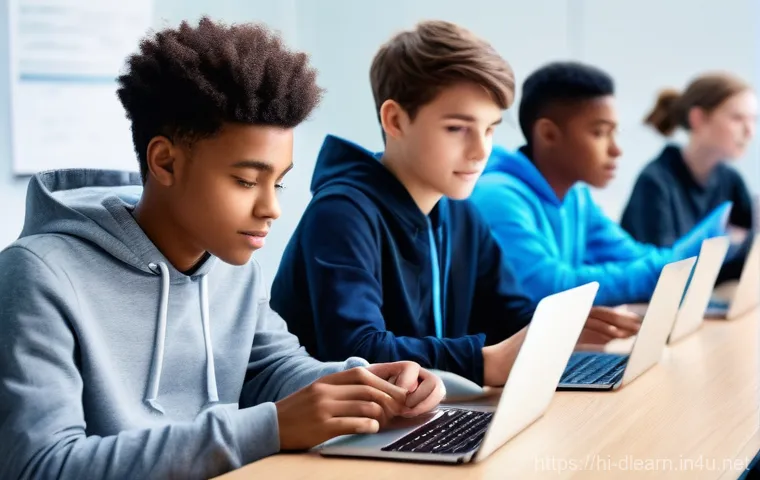 디지털 학습에서의 프라이버시 - **Prompt:** A modern, brightly lit digital classroom setting. A diverse group of teenage students (a...