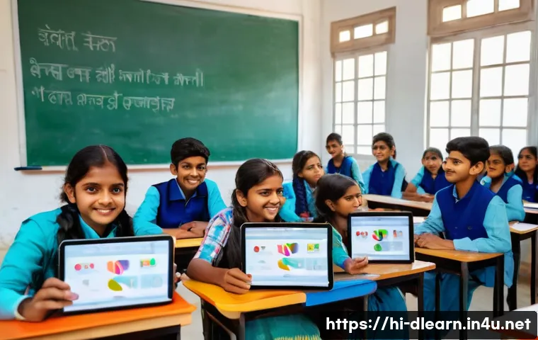 디지털 교육에서의 평가 시스템 - A vibrant classroom scene with Indian students using digital tablets and laptops for an interactive ...