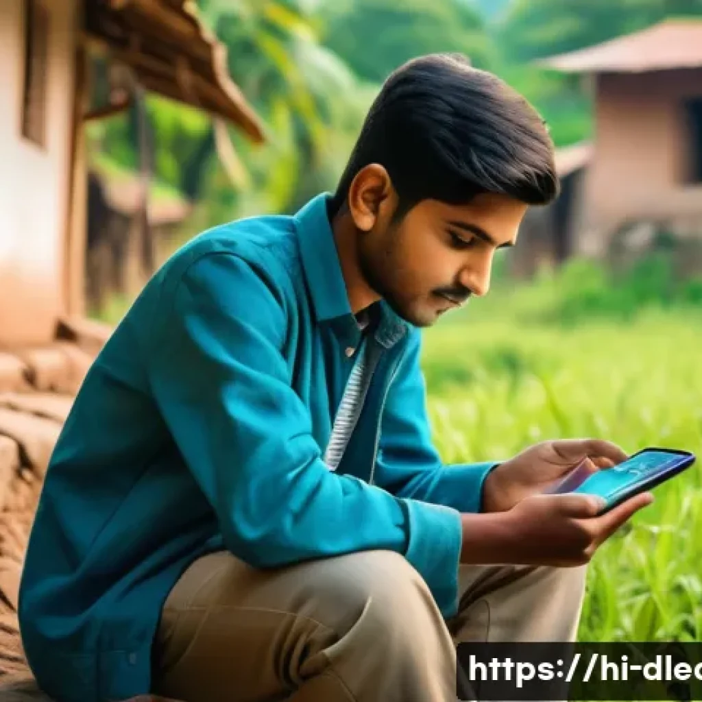디지털 교육 플랫폼의 장단점 - A rural Indian student using a smartphone to access an online education platform, sitting outdoors i...