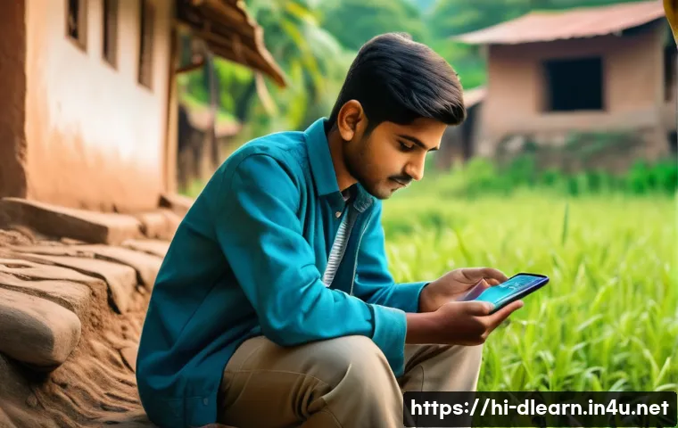 디지털 교육 플랫폼의 장단점 - A rural Indian student using a smartphone to access an online education platform, sitting outdoors i...
