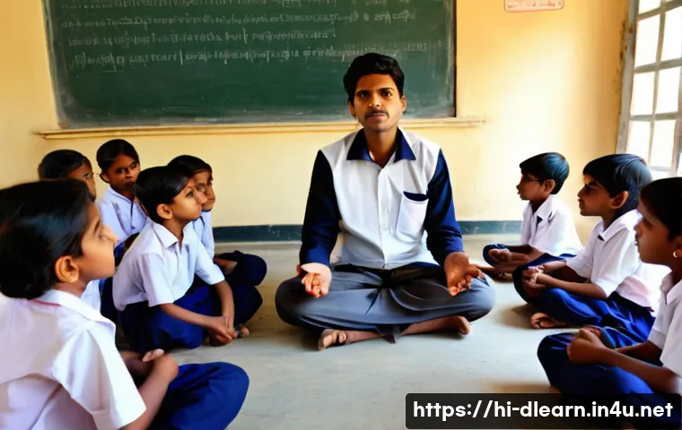 디지털 학습과 문화적 차이 - A rural Indian classroom scene showing a traditional teacher sitting cross-legged on the floor with ...
