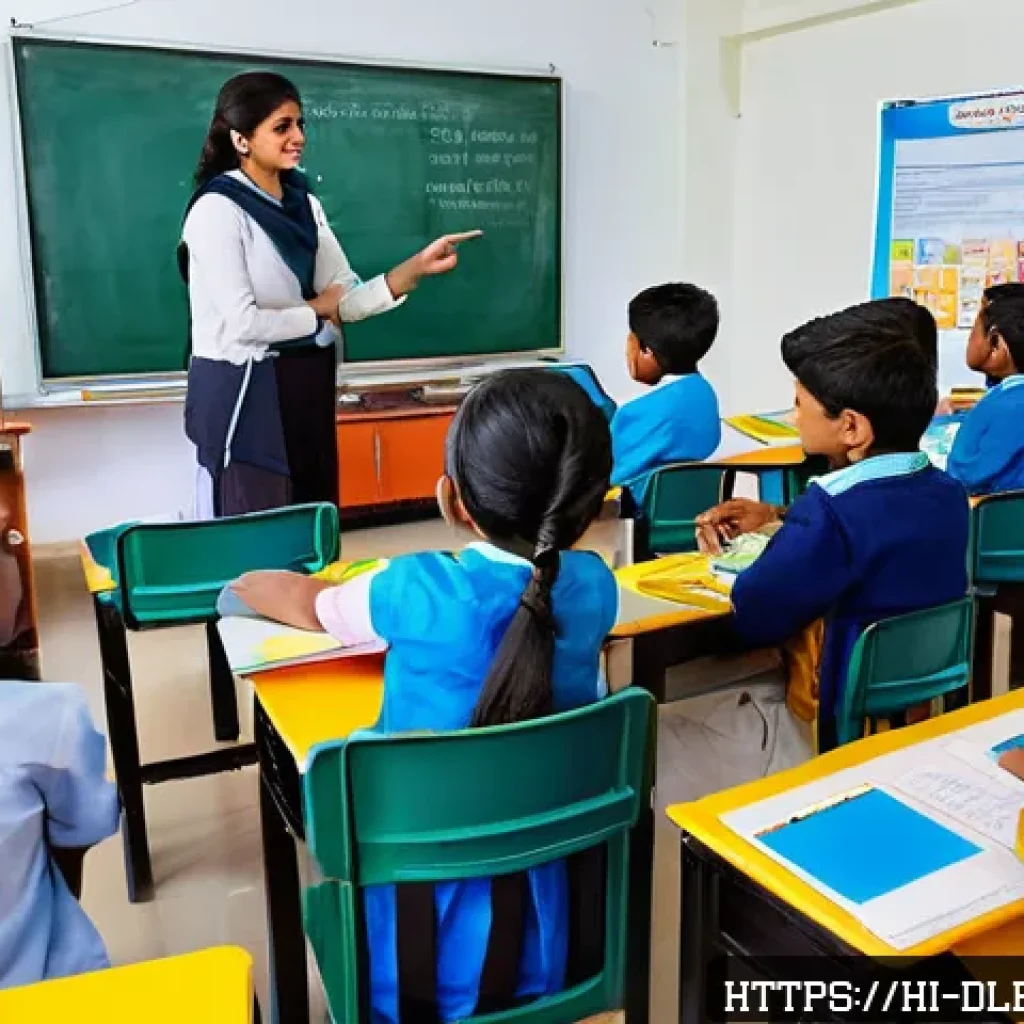 디지털 교육에서의 콘텐츠 업데이트 - A modern Indian classroom scene featuring a diverse group of attentive students and a teacher using ...