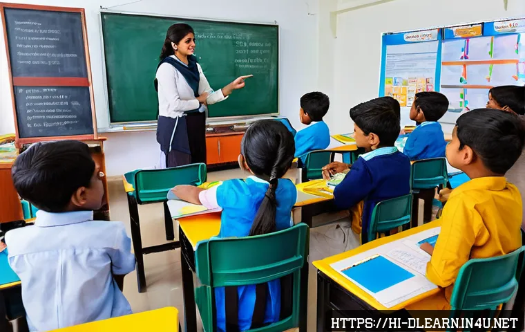 디지털 교육에서의 콘텐츠 업데이트 - A modern Indian classroom scene featuring a diverse group of attentive students and a teacher using ...