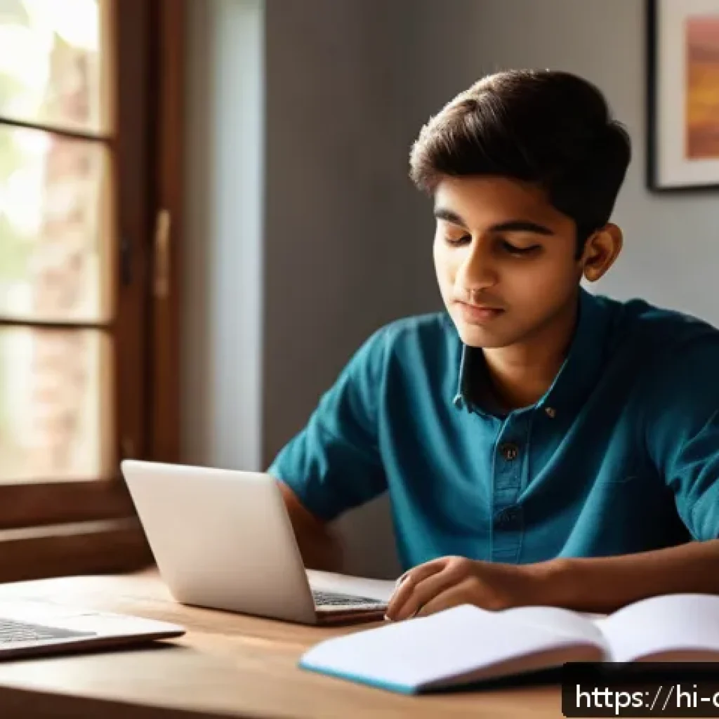 디지털 학습을 위한 협력 도구 - A modern digital study setup featuring a young Indian student using a sleek laptop and smartphone to...