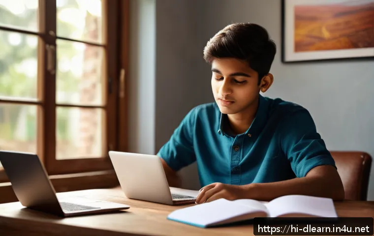 디지털 학습을 위한 협력 도구 - A modern digital study setup featuring a young Indian student using a sleek laptop and smartphone to...
