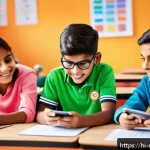 Home 22 디지털 학습의 게임화 - A vibrant classroom scene showing diverse Indian children actively engaged in educational gamificati...