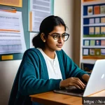 Home 21 디지털 학습의 효과적인 교육법 - A young Indian adult woman studying at home using a laptop with an organized digital learning plan v...