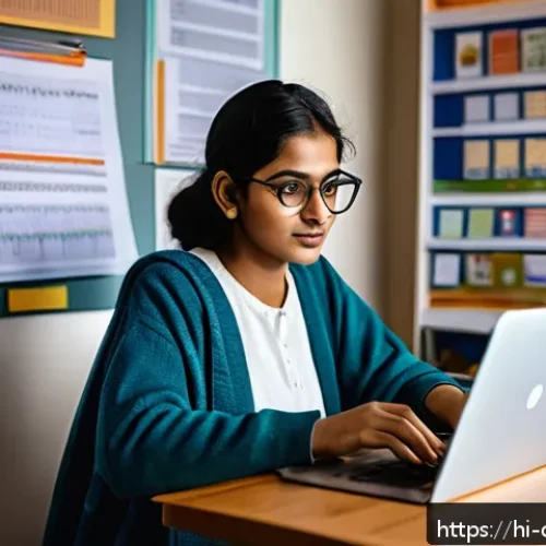 Home 33 디지털 학습의 효과적인 교육법 - A young Indian adult woman studying at home using a laptop with an organized digital learning plan v...
