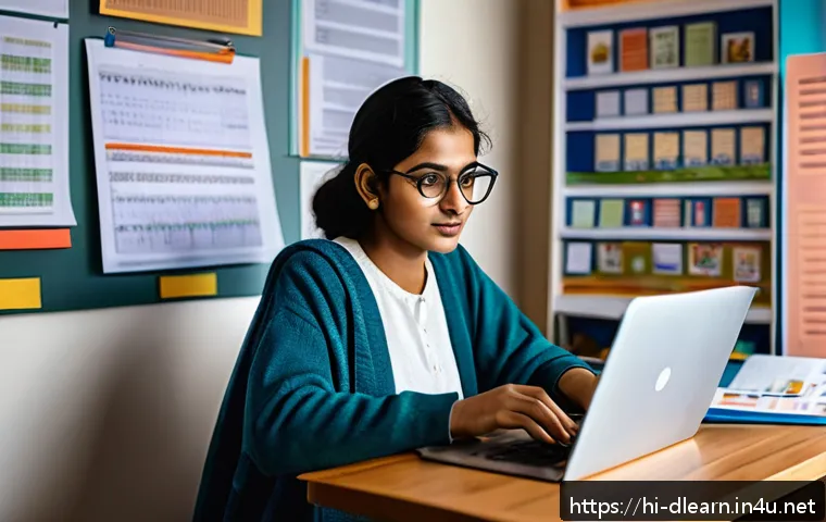 디지털 학습의 효과적인 교육법 - A young Indian adult woman studying at home using a laptop with an organized digital learning plan v...