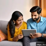 Home 20 디지털 학습에 대한 학부모의 인식 - A modern Indian family in a cozy living room setting, parents attentively helping their school-age c...