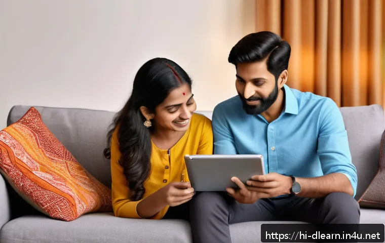 디지털 학습에 대한 학부모의 인식 - A modern Indian family in a cozy living room setting, parents attentively helping their school-age c...