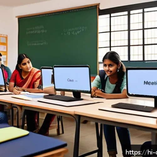 Home 31 디지털 학습과 사회적 상호작용 - A modern digital classroom scene featuring a diverse group of Indian students attending an online co...