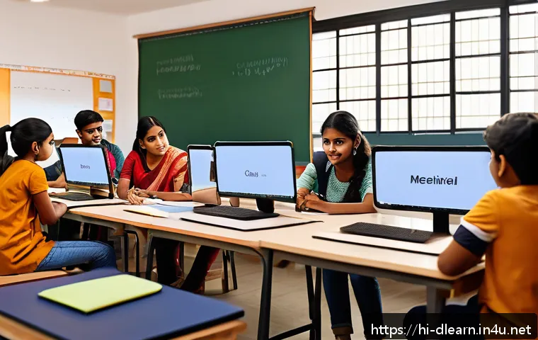 디지털 학습과 사회적 상호작용 - A modern digital classroom scene featuring a diverse group of Indian students attending an online co...