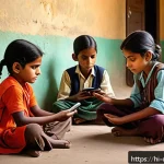 Home 18 디지털 교육의 접근성 문제 - A rural Indian classroom scene depicting children attending an online class using a single old mobil...