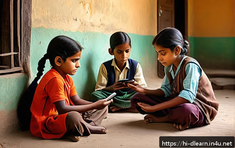 디지털 교육의 접근성 문제 - A rural Indian classroom scene depicting children attending an online class using a single old mobil...