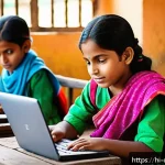 Home 23 디지털 학습의 사회적 영향 - A vibrant classroom scene in a rural Indian village where diverse children, wearing colorful traditi...