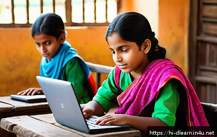 디지털 학습의 사회적 영향 - A vibrant classroom scene in a rural Indian village where diverse children, wearing colorful traditi...