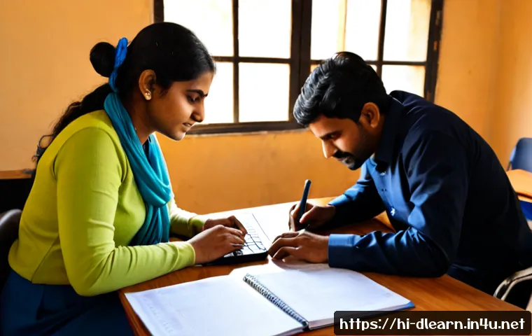 디지털 교육을 위한 예산 계획 - Photorealistic Indian teacher and school administrator planning a digital education budget at a clea...