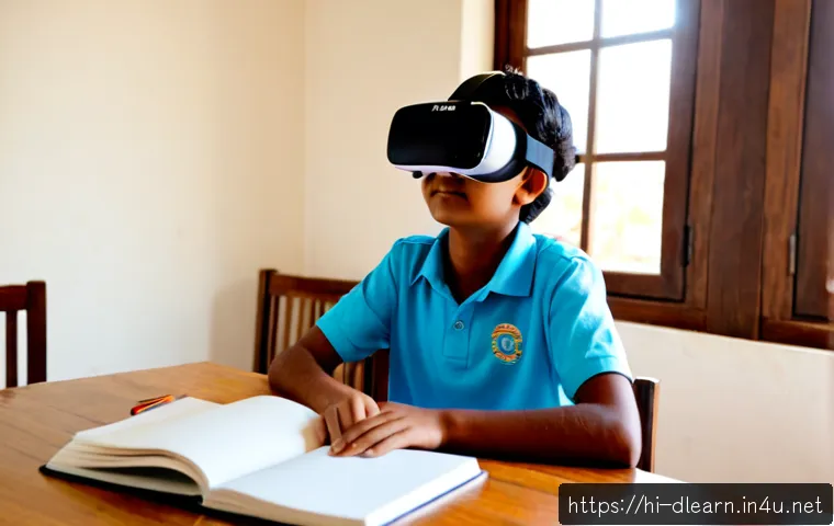 디지털 학습용 VR 콘텐츠 - Photorealistic Indian secondary school student wearing a modern VR headset, seated at a tidy wooden ...