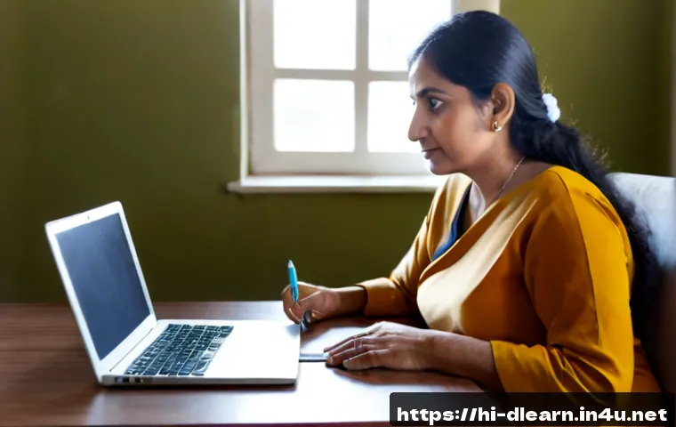 온라인 교육 시장 동향 - Photorealistic modern Indian home study scene, a middle-aged Hindi-speaking woman attending an onlin...