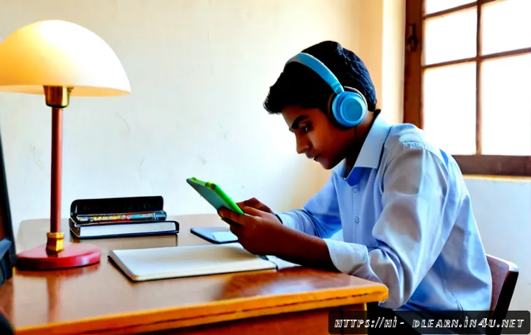 디지털 학습 리소스 - Photorealistic Indian high school student studying at a clean home desk, using a tablet with colorfu...